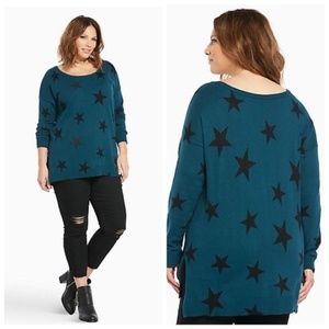 Torrid Star Print Teal High-Lo Tunic Sweater 2X